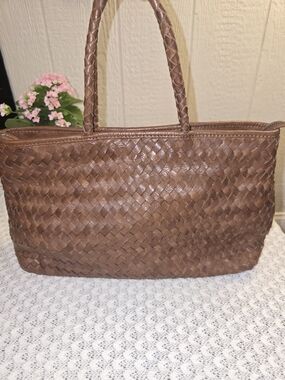 Braided Leather Tote Handbag - Brown